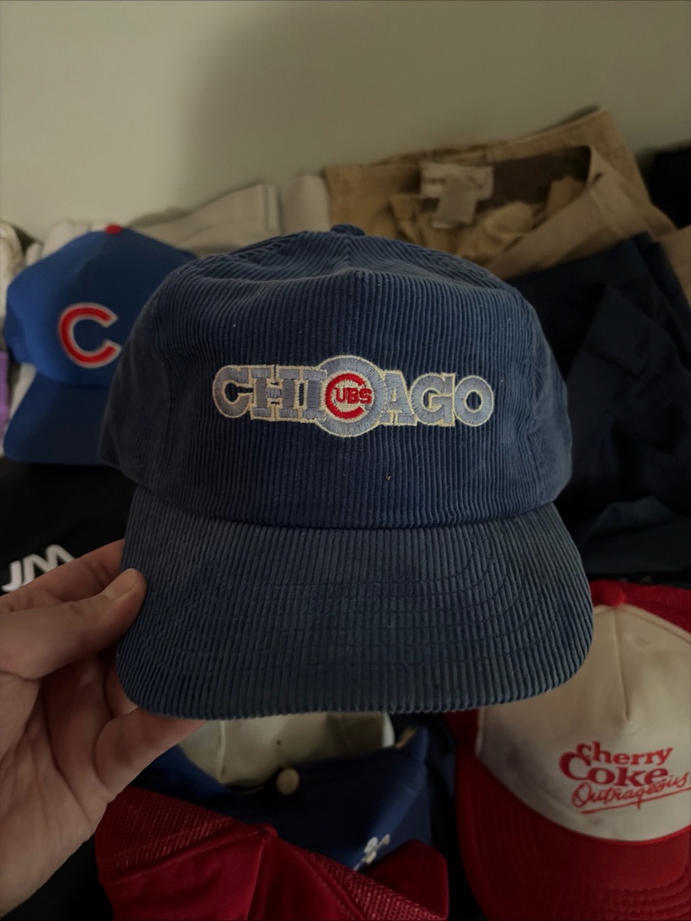 Vintage 80s Chicago Cubs MLB Baseball Blue Corduroy Snapback Hat Cap Bob Evans